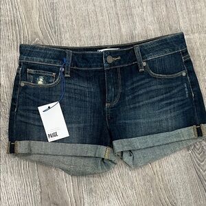 PAIGE Dark Indigo Rolled Hem Denim Shorts